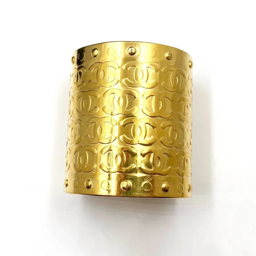 Chanel Vintage Rare Gold Plated CCs Thick Cuff Bracelet